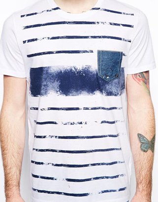 True Religion T-Shirt Denim Pocket Printed Stripe
