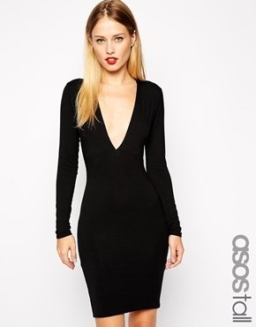 ASOS Tall TALL Deep Plunge Long Sleeve Body-Conscious Dress - Black