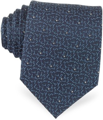 Saint Laurent Blue Signature and Polkadots Woven Silk Tie