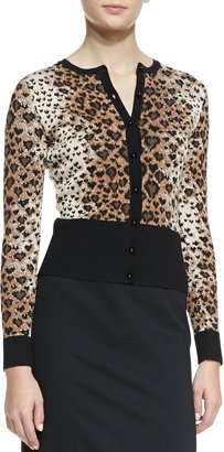 RED Valentino Long-Sleeve Heart Leopard-Patterned Cardigan, Toffee/Black