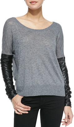 Milly Leather-Sleeve Sweater
