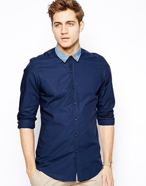 Antony Morato Shirt Contrast Denim Collar - Blue