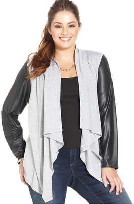 Jessica Simpson Plus Size Faux-Leather-Sleeve Draped Cardigan