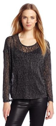Vince Camuto Women's High Low Lurex Pointelle Long Sleeve Tee