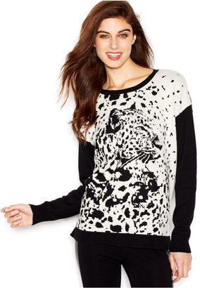 Kensie Long-Sleeve Animal-Print Colorblocked Sweater