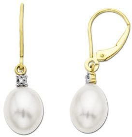 Lord & Taylor Pearl Drop Earrings with Diamond Accent in 14 Kt. Yellow Gold, .01 ct. t.w. 10MM