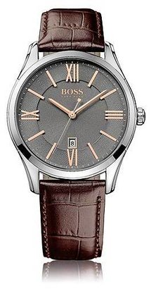 HUGO BOSS Polished stainless-steel watch with grey sunray dial and leather strap