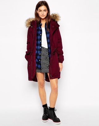 Only Long Line Parka With Fur Hood - Red