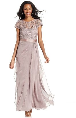 Adrianna Papell Petite Cap-Sleeve Lace Tiered Gown