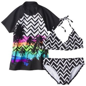 Xhilaration Girls' 2-Piece Short-Sleeve Swim Rashguard and Chevron Bikini Swimsuit Set