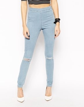 ASOS Jameson High Waist Denim Jeggings in Distressed Light Wash Blue With Ripped Knees