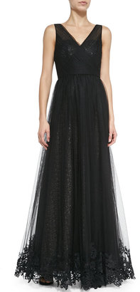 Monique Lhuillier ML Sleeveless Sequined Gown with Tulle Overlay
