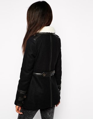 Doma Wool Coat with Leather Trims and Shearling Collar