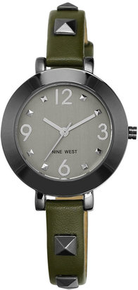 Nine West Watch, Women's Gunmetal-Tone Studded Dark Green Strap 34mm NW-1499GNOL
