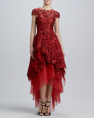 Monique Lhuillier High-Low Floral-Embroidery Ball Gown