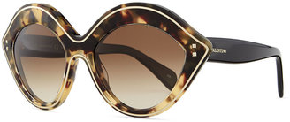 Valentino Chunky Metal-Edged Cat-Eye Sunglasses, Havana