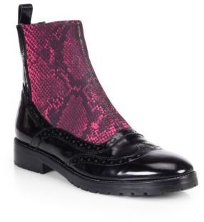 Christopher Kane Chelsea Snakeskin-Printed Elastic & Patent Leather Combat Boots