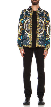 Versace Patterned Nylon Puffer Jacket with Fur Hood