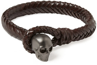 Alexander McQueen Metal Skull and Woven-Leather Bracelet