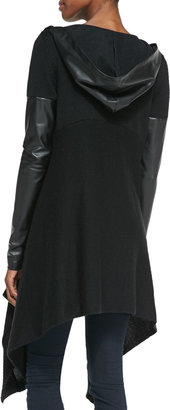Blank Hooded Faux-Leather Contrast Cardigan, Black