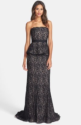 Adrianna Papell Scalloped Lace Strapless Peplum Gown