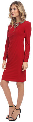 Vince Camuto Long Ruched Sleeve Dress w/ Keyhole Neck & Extravagent Beading