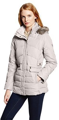 Larry Levine Women's Faux Fur Trim Down Jacket with Slimming Side Tabs