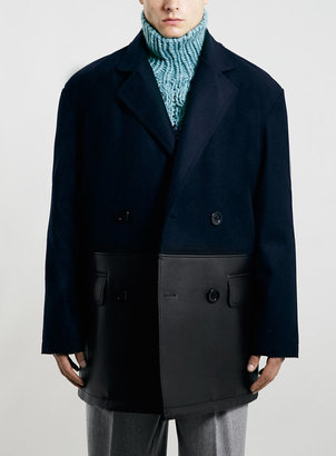 Topman Design Contrasting Wool And Leather Look Duffle Coat