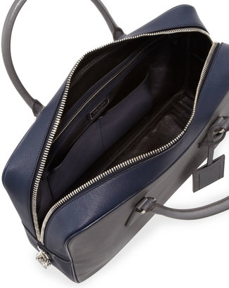 Prada Saffiano Bicolor Zip-Around Briefcase, Gray/Blue
