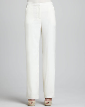 Neiman Marcus Crepe Wide-Leg Trousers, Ivory