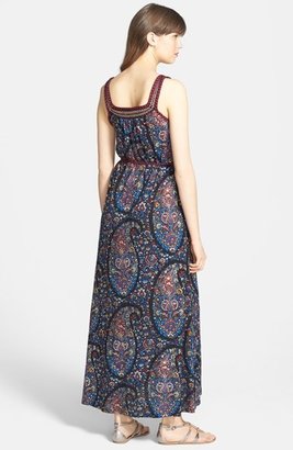 Lucky Brand Embroidered Paisley Print Jersey Maxi Dress