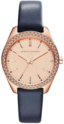 Armani Exchange Rose Gold Dial and Blue Leather Strap Ladies Watch