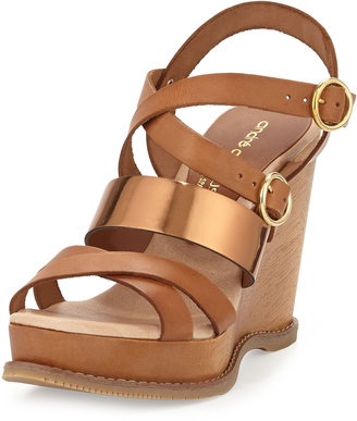 Andre Assous Jenny Mixed-Leather Wedge Sandal, Bronze