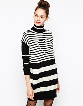 Love Moschino Long Sleeve Roll Neck Jumper Dress with Heart Front - white/black