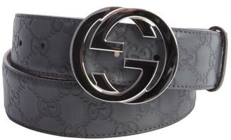 Gucci grey logo embossed rubberized leather GG buckle belt