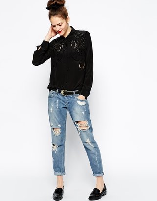 Love Moschino Long Sleeve Silk Shirt with Stud and Embellished Detail