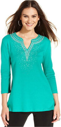 JM Collection Top, Three-Quarter-Sleeve Studded Tunic