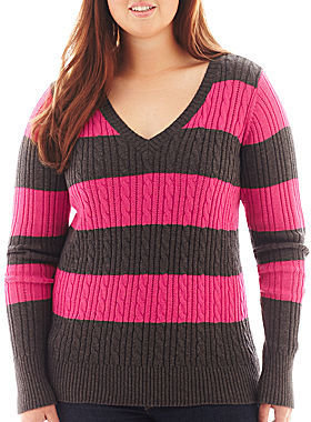 Arizona V-Neck Striped Cable Knit Sweater - Plus