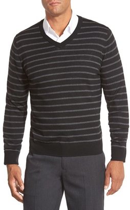 Nordstrom Colorblock Stripe V-Neck Merino Wool Sweater (Regular & Tall)