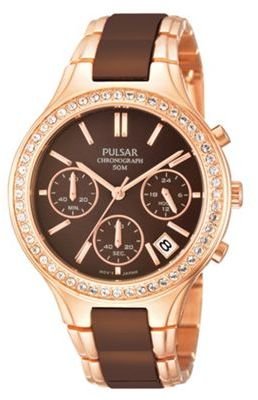 Pulsar Ladies brown dial chronograph ceramic bracelet watch