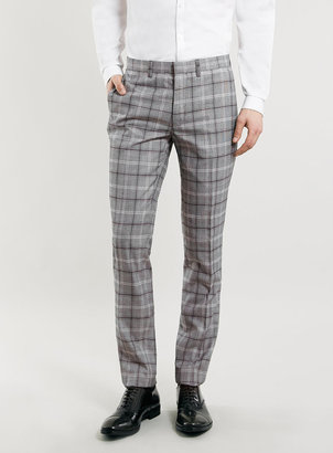 Topman Light Grey And Burgundy Check Suit Trousers