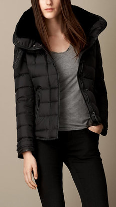 Burberry Down-Filled Puffer Jacket with Shearling Topcollar