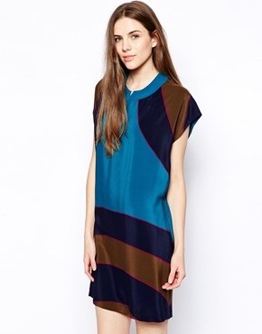 See by Chloe Silk Colourblock Short Sleeve Dress - Blue multi