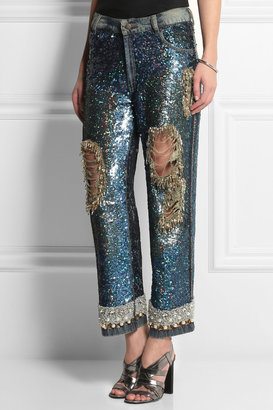 Ashish Sequined distressed low-rise boyfriend jeans