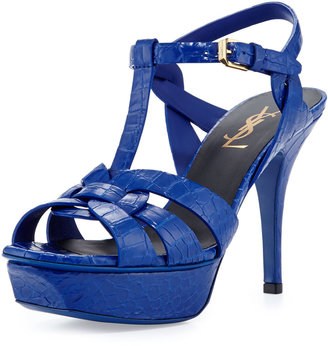 Saint Laurent Tribute Two Mid-Heel Croc-Stamped Platform Sandal, Blue