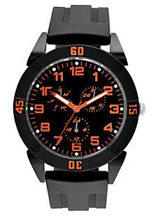 Kenneth Cole Unlisted by Black Silicone Watch with Orange Indexes and Hands