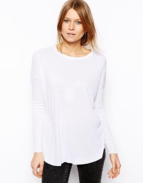 ASOS Long Sleeve Top with Curved Hem in Rib - White