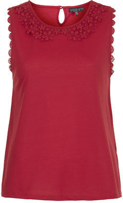 Topshop Womens PETITE Lace Collar Top - Berry Red