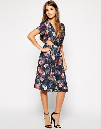 Love Large Floral Print Midi Dress with Cut Out Detail