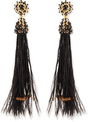 Oscar de la Renta Black Bead & Feather Tassel Earrings